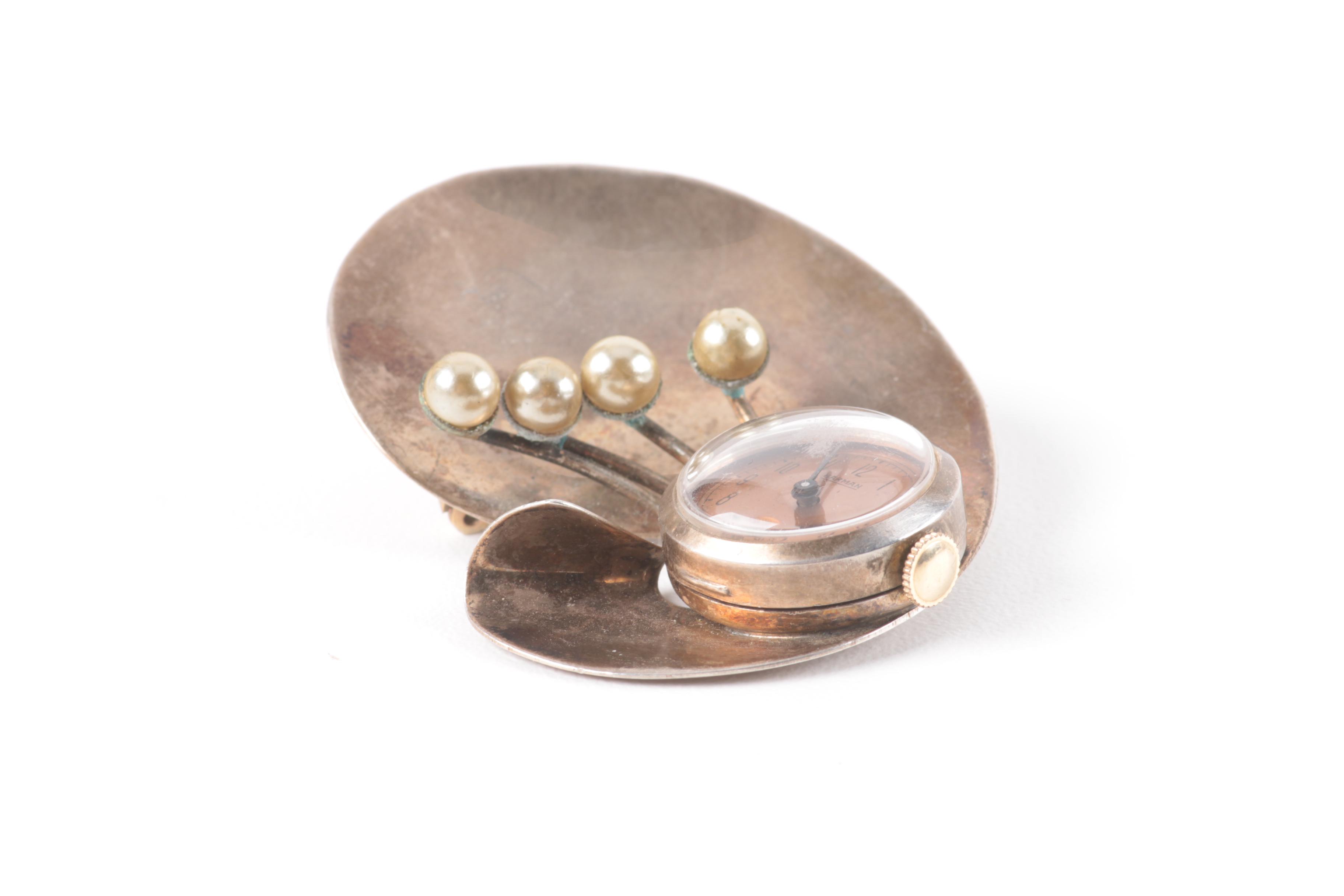 Vintage Sterling Silver Wind-Up Watch Brooch