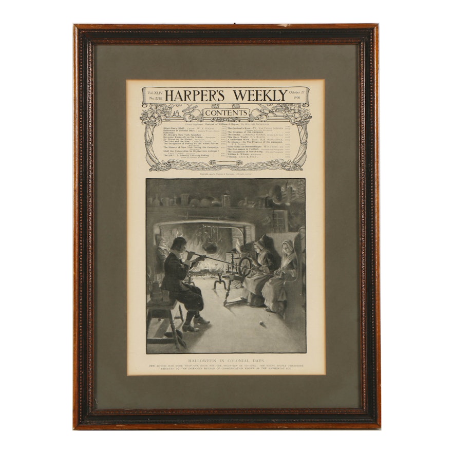 Halftone Print on Paper of Harper's Weekly Page "Halloween in Colonial Days"