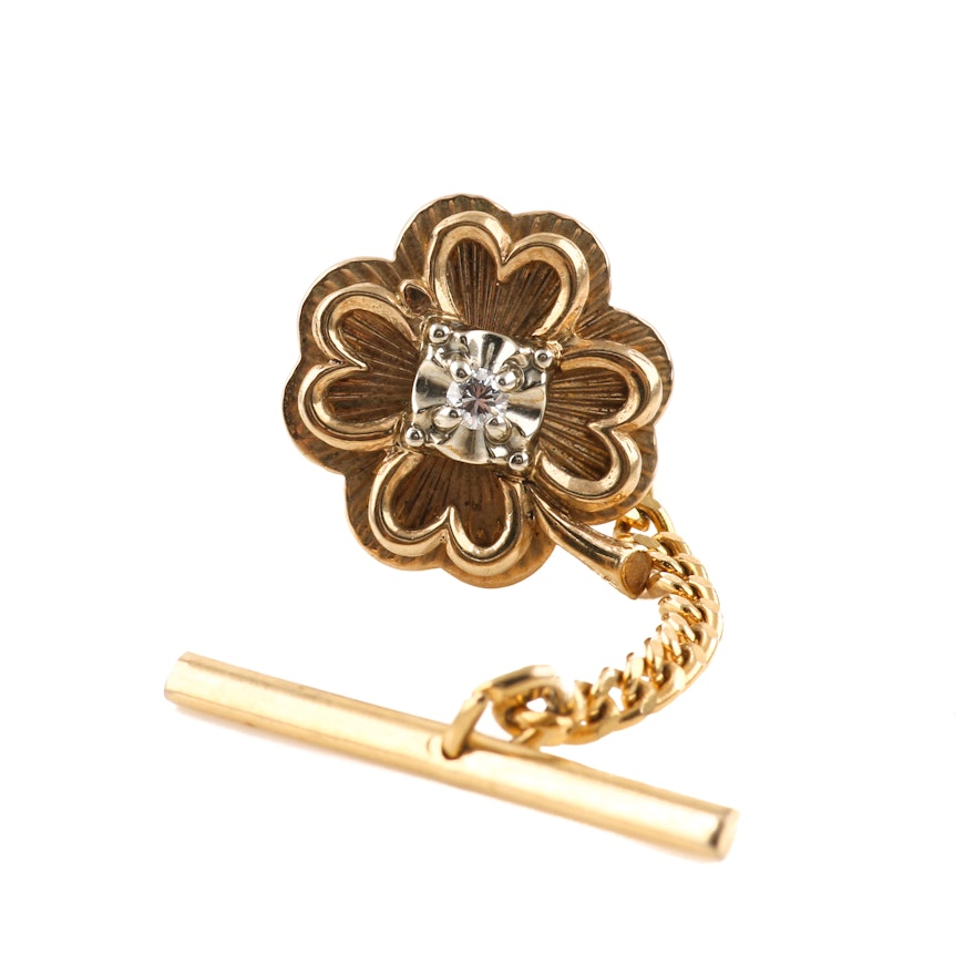 10K Yellow Gold Diamond Beveled Clover Tie Tack