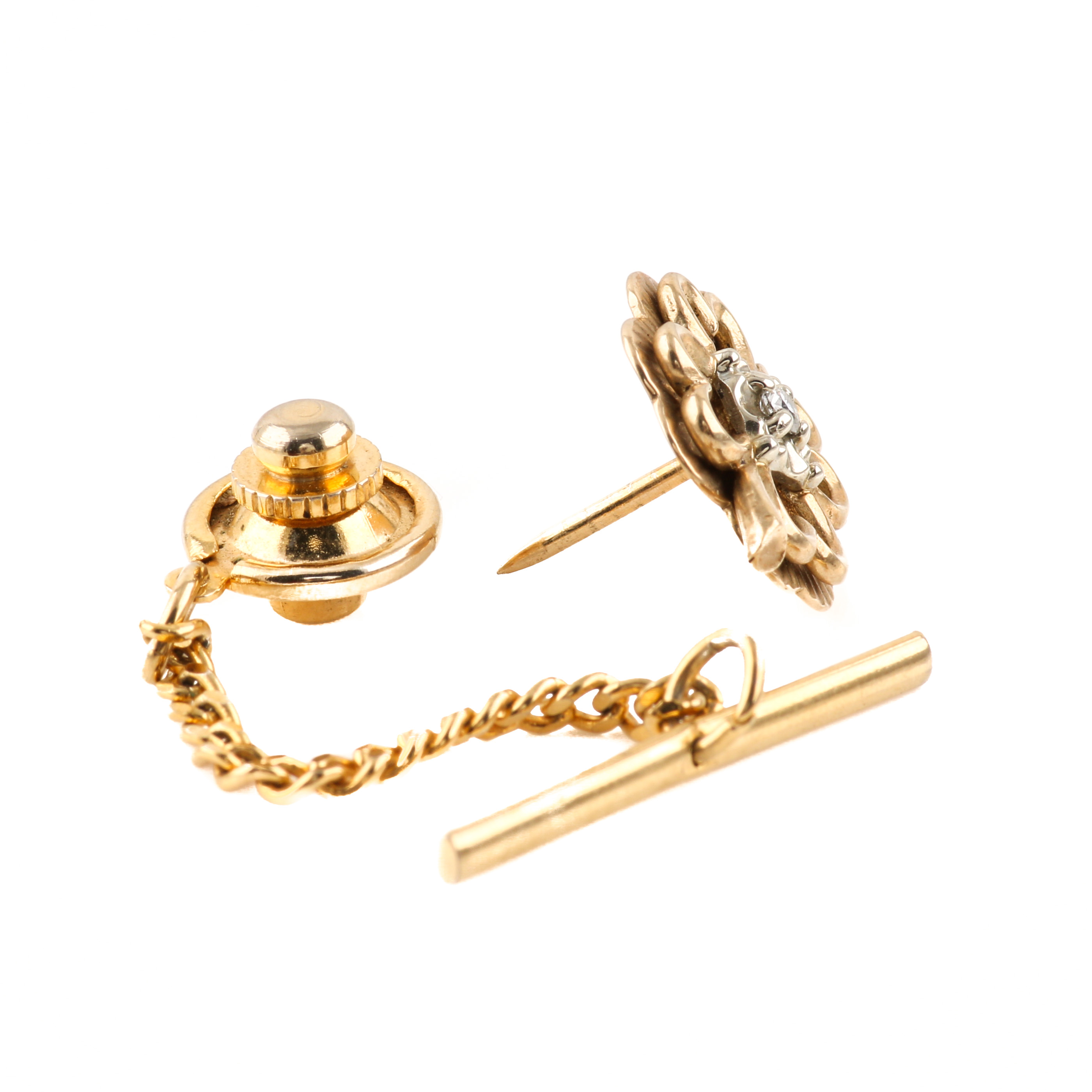 10K Yellow Gold Diamond Beveled Clover Tie Tack