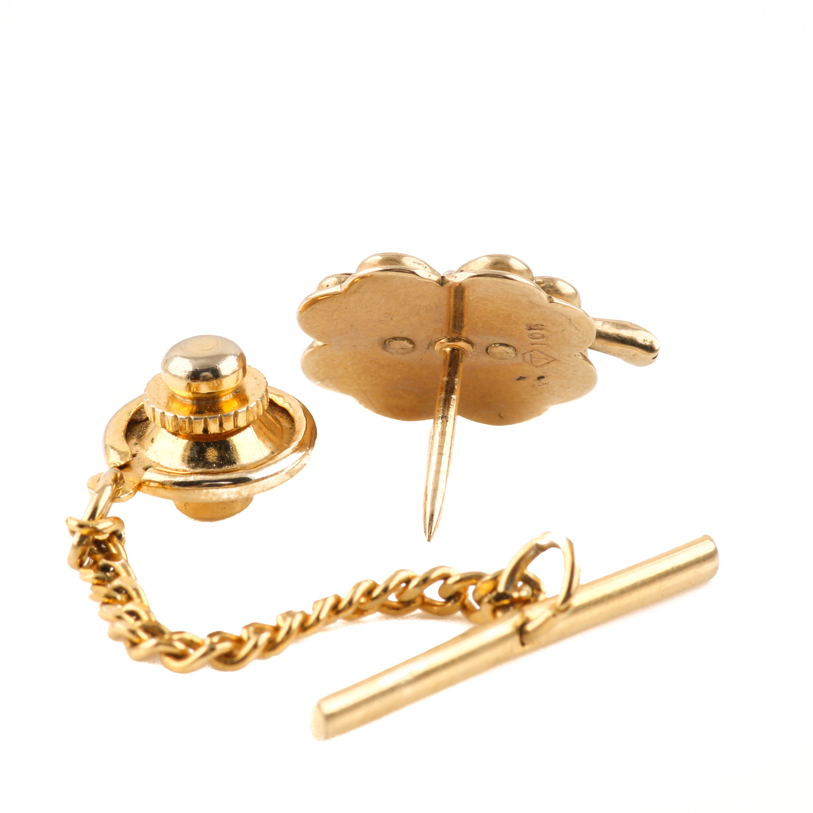 10K Yellow Gold Diamond Beveled Clover Tie Tack