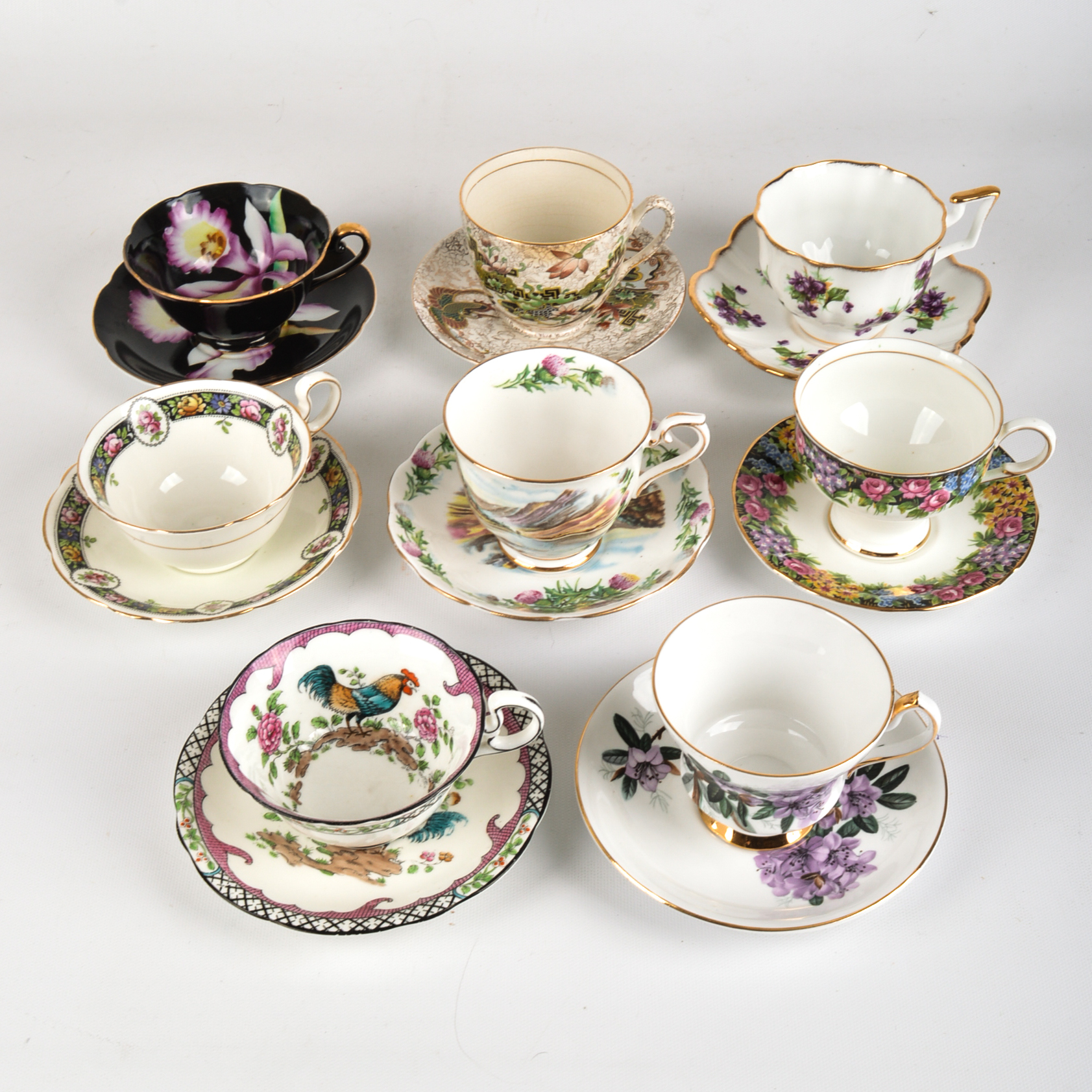 1940s Era English Fine Bone China Teacups and Saucers including Royal Albert