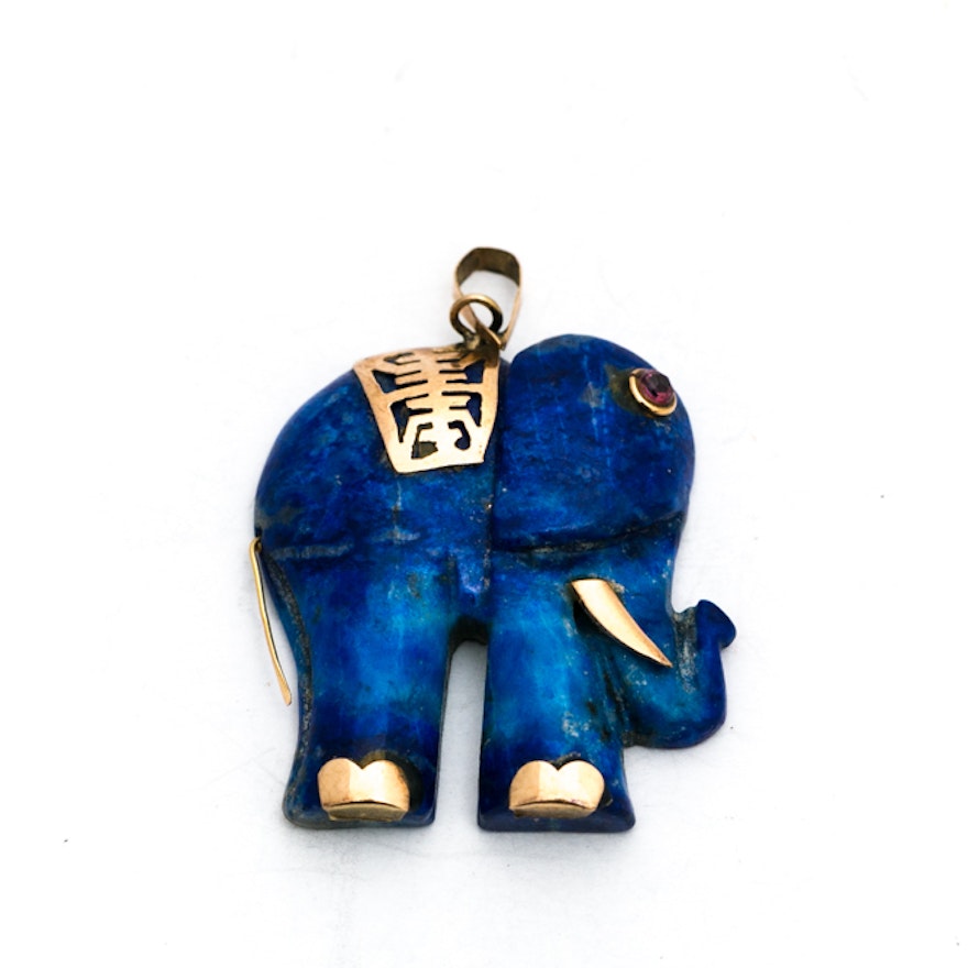 14K Yellow Gold Accented Lapis Lazuli Elephant Pendant