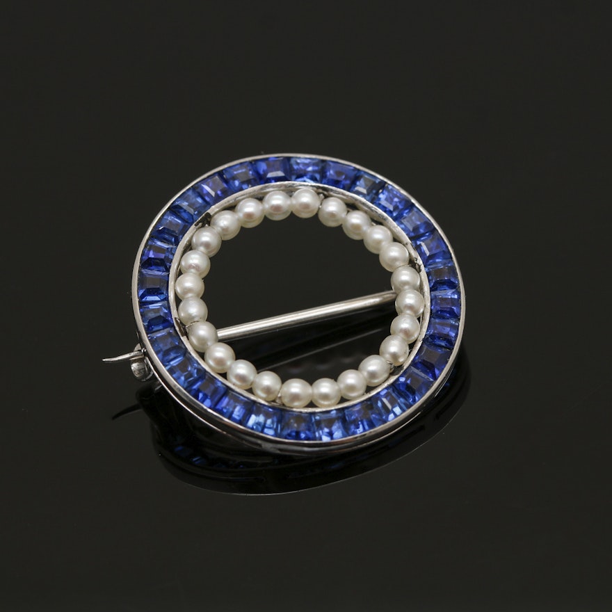 Tiffany & Co. Platinum Blue Sapphire and Cultured Seed Pearl Brooch