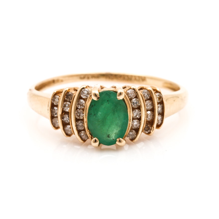 14K Yellow Gold Emerald and Diamond Ring