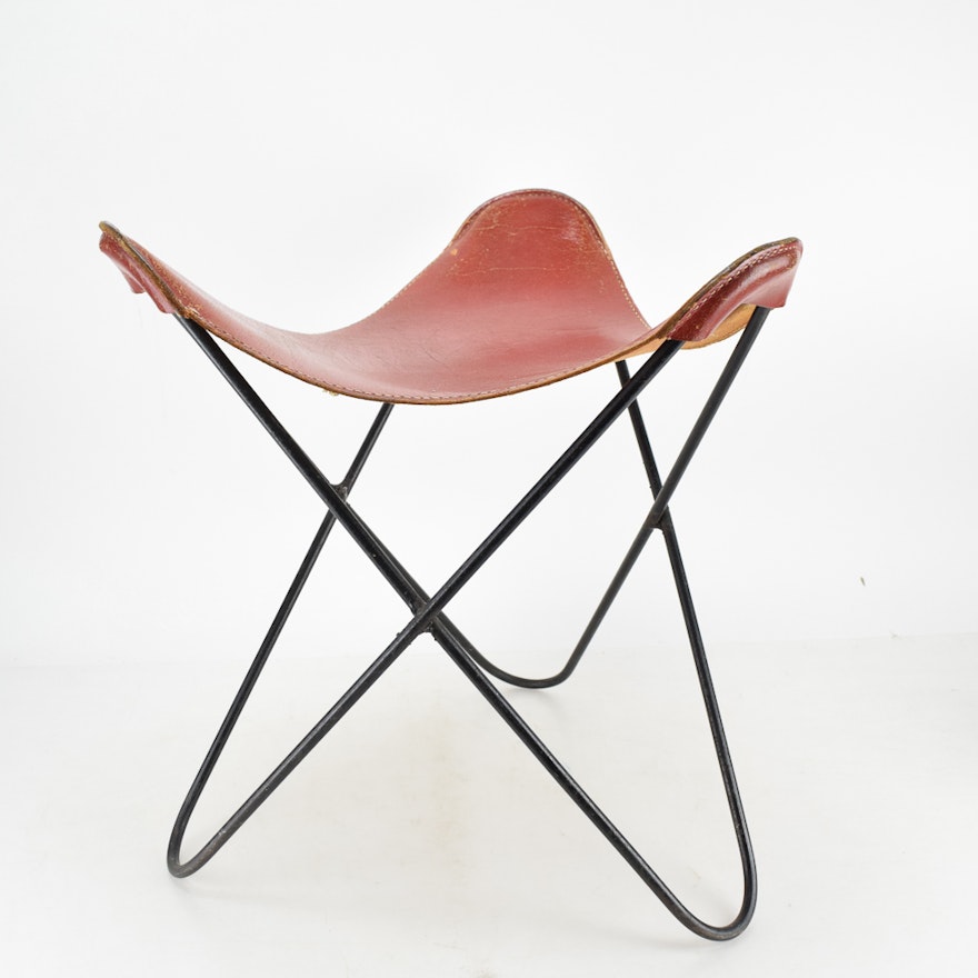 Mid Century Modern Red Leather and Metal Stool