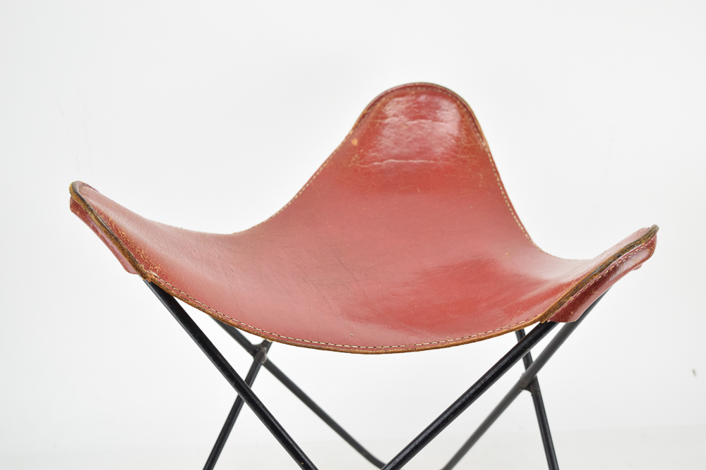 Mid Century Modern Red Leather and Metal Stool