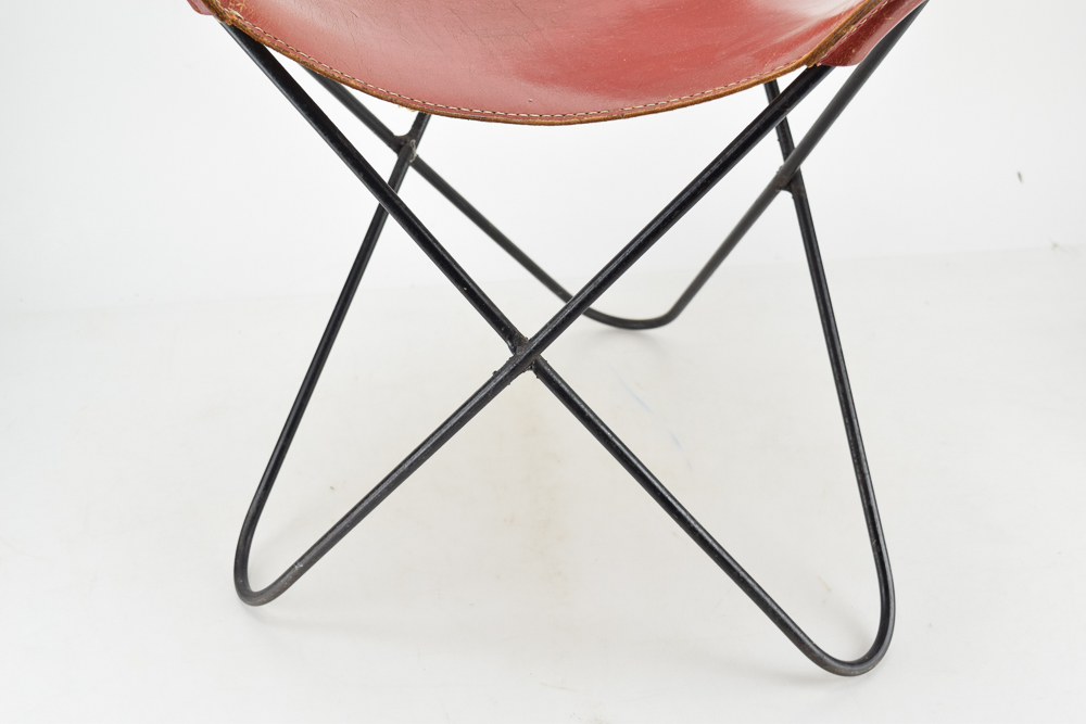 Mid Century Modern Red Leather and Metal Stool