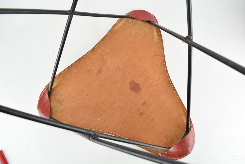 Mid Century Modern Red Leather and Metal Stool