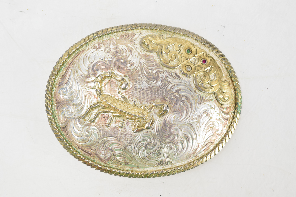 Engraved Silver Plate Belt Buckle with Scorpion and Gemstones