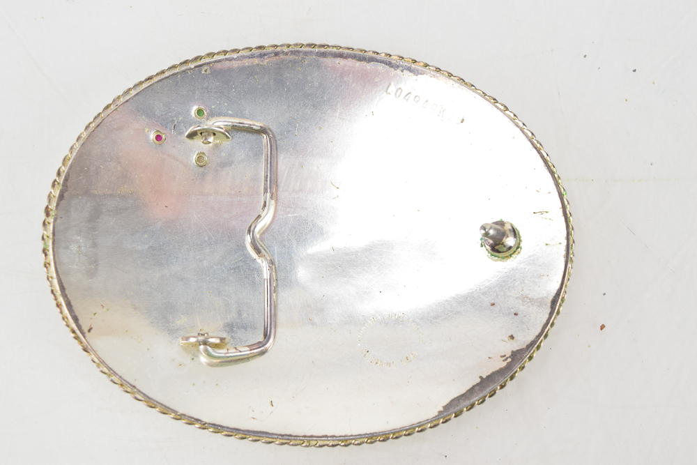 Engraved Silver Plate Belt Buckle with Scorpion and Gemstones