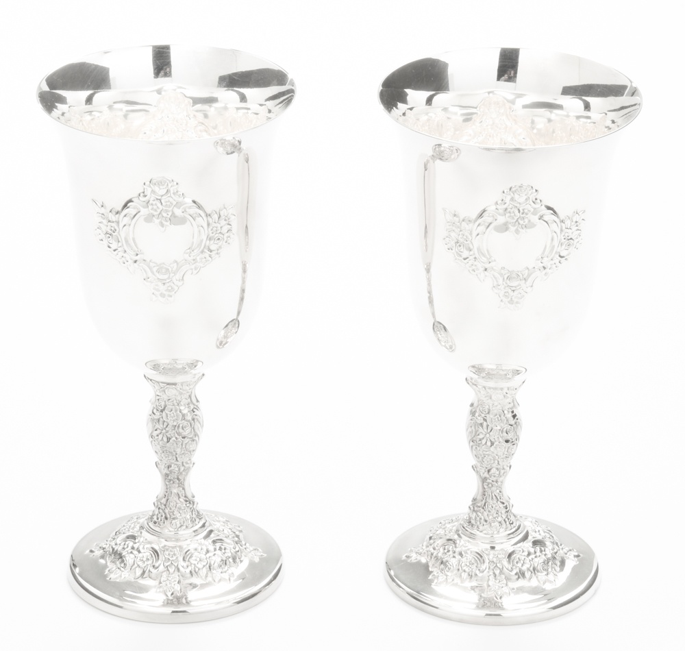 International Silver Co. "Du Barry" Chased Silver Plate Water Goblets