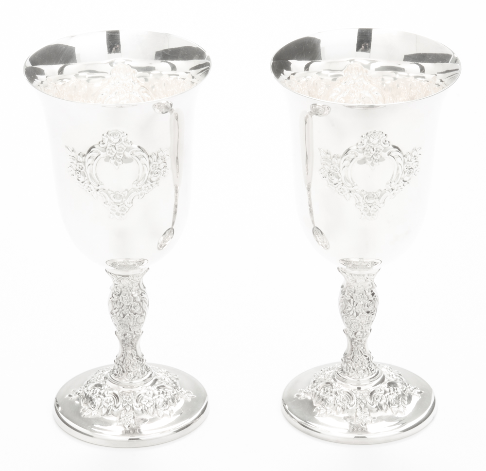 International Silver Co. "Du Barry" Chased Silver Plate Water Goblets