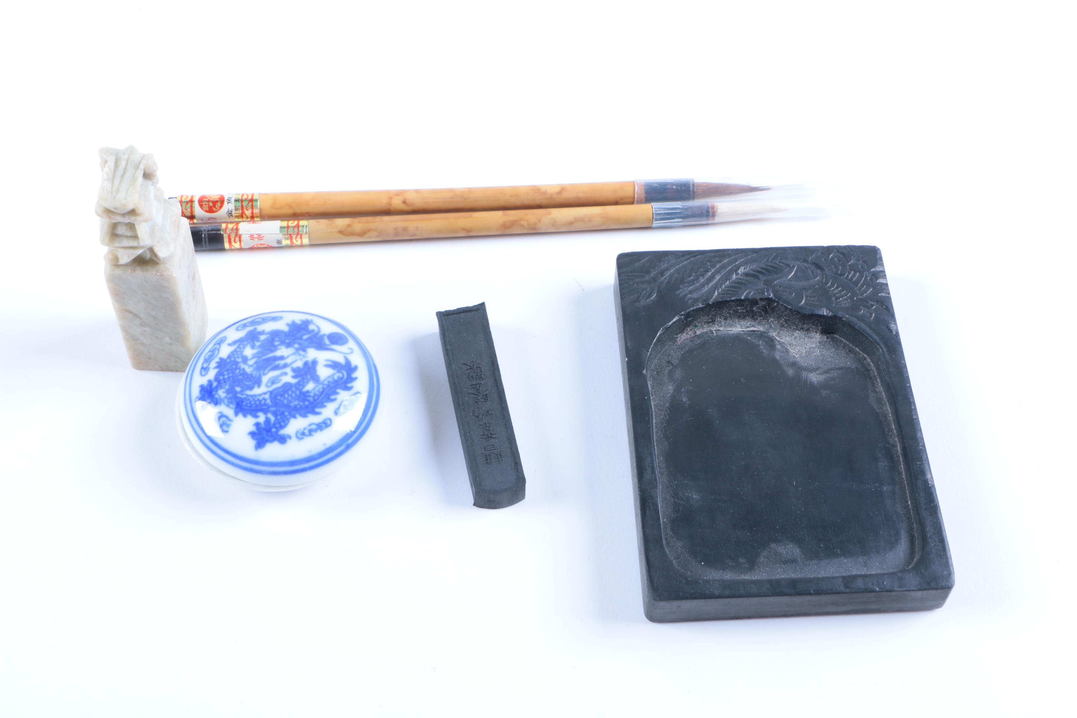 Chinese Calligraphy Set in a Silk Covered Box
