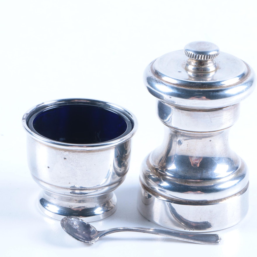 Sterling Silver and Cobalt Glass Salt Cellar with Mill and Spoon