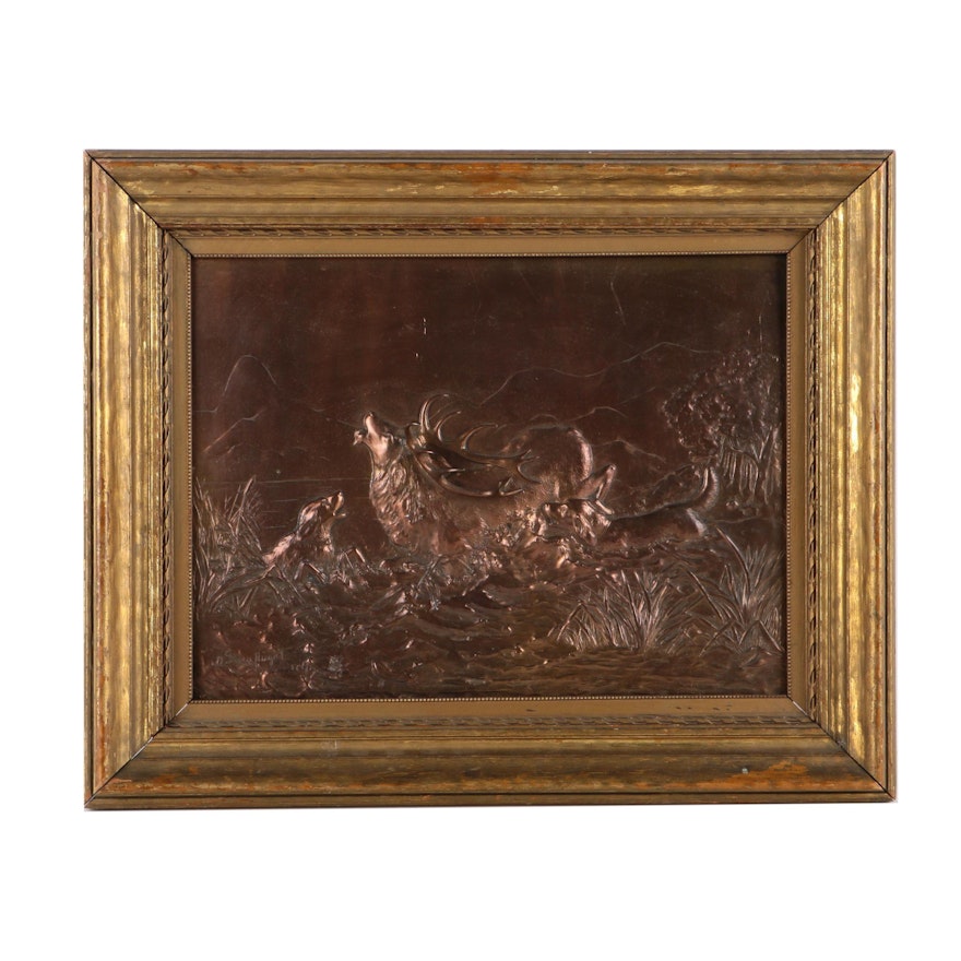 Copper Relief of Dogs Hunting a Moose