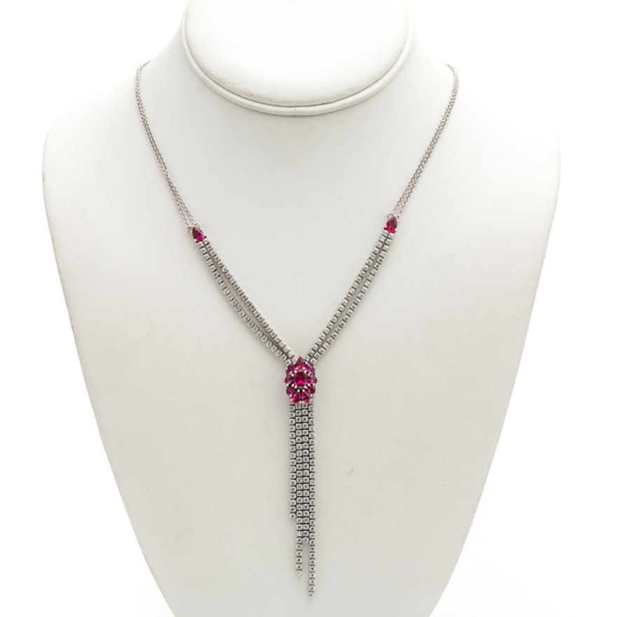 Sterling Silver Synthetic Ruby and Cubic Zirconia Fashion Necklace