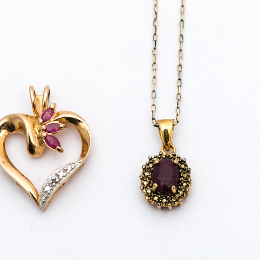 Gold Wash on Sterling Silver Ruby Pendants and Necklace