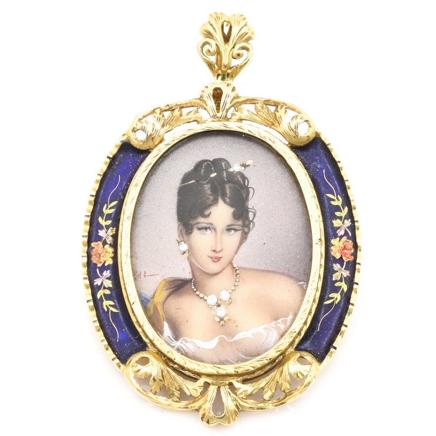 Italian 18K Yellow Gold Enameled Diamond Portrait Habillé Brooch