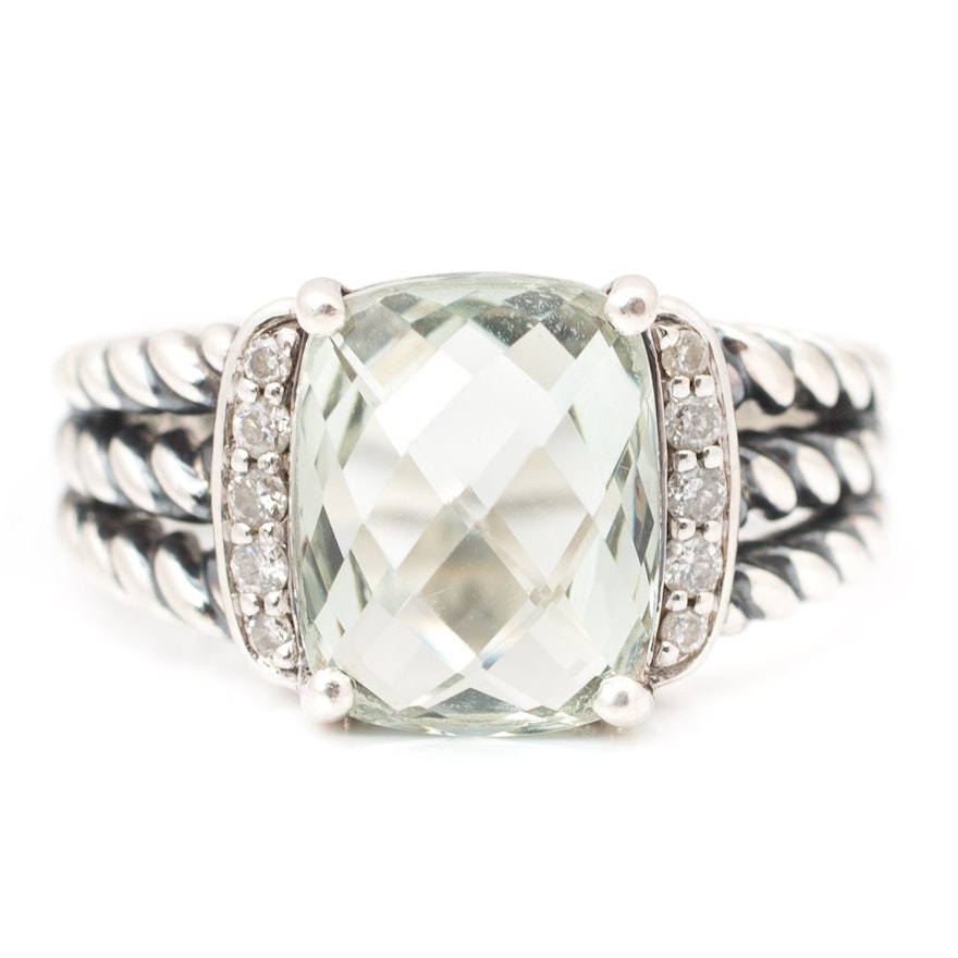 David Yurman Sterling Silver Green Quartz and Diamond Ring