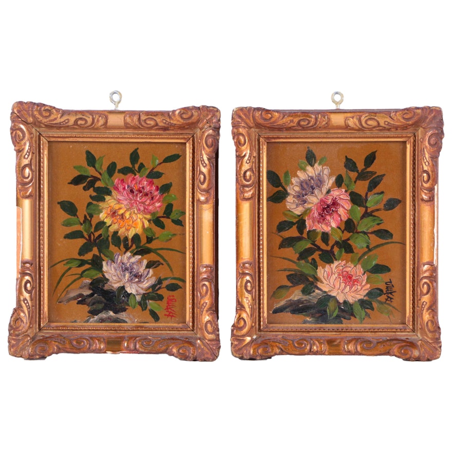 Two Miniature Oil Paintings on Board of Flowers
