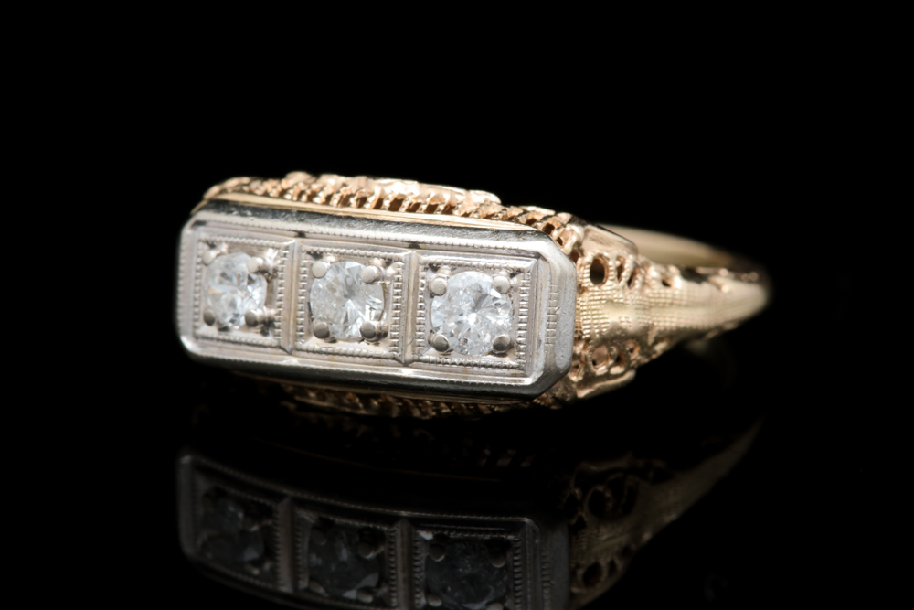 14K Yellow Gold and Diamond Three Stone Filigree Ring