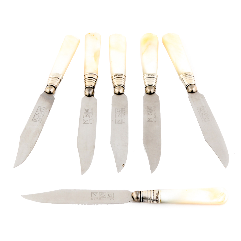 Mother of Pearl Handled Fruit Knives With Sterling Silver Ferrules