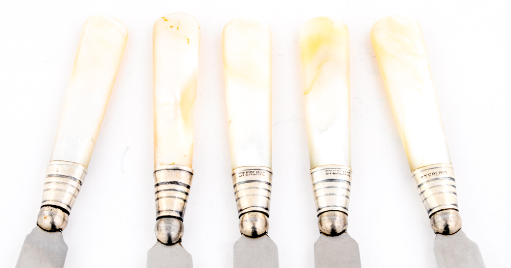 Mother of Pearl Handled Fruit Knives With Sterling Silver Ferrules