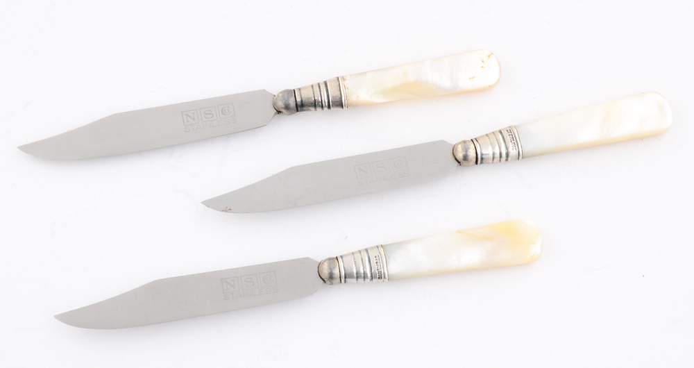 Mother of Pearl Handled Fruit Knives With Sterling Silver Ferrules