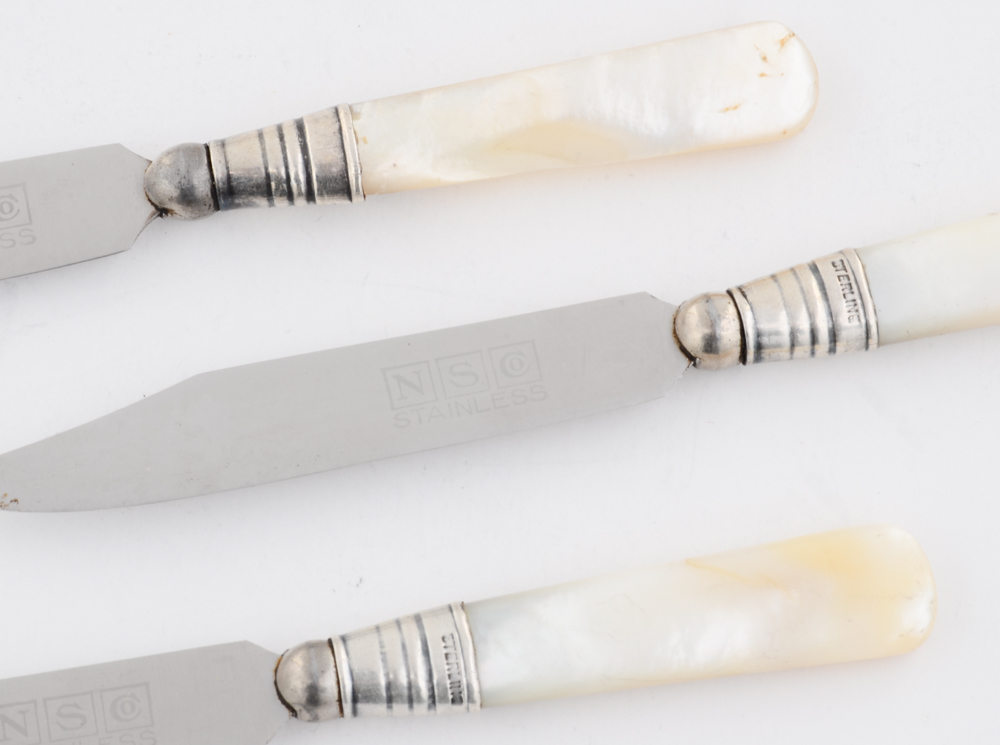 Mother of Pearl Handled Fruit Knives With Sterling Silver Ferrules