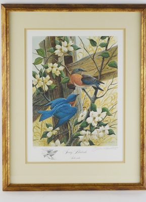John Ruthven Limited Edition Offset Lithograph "Spring Bluebirds" With Remarque