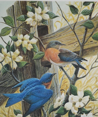 John Ruthven Limited Edition Offset Lithograph "Spring Bluebirds" With Remarque