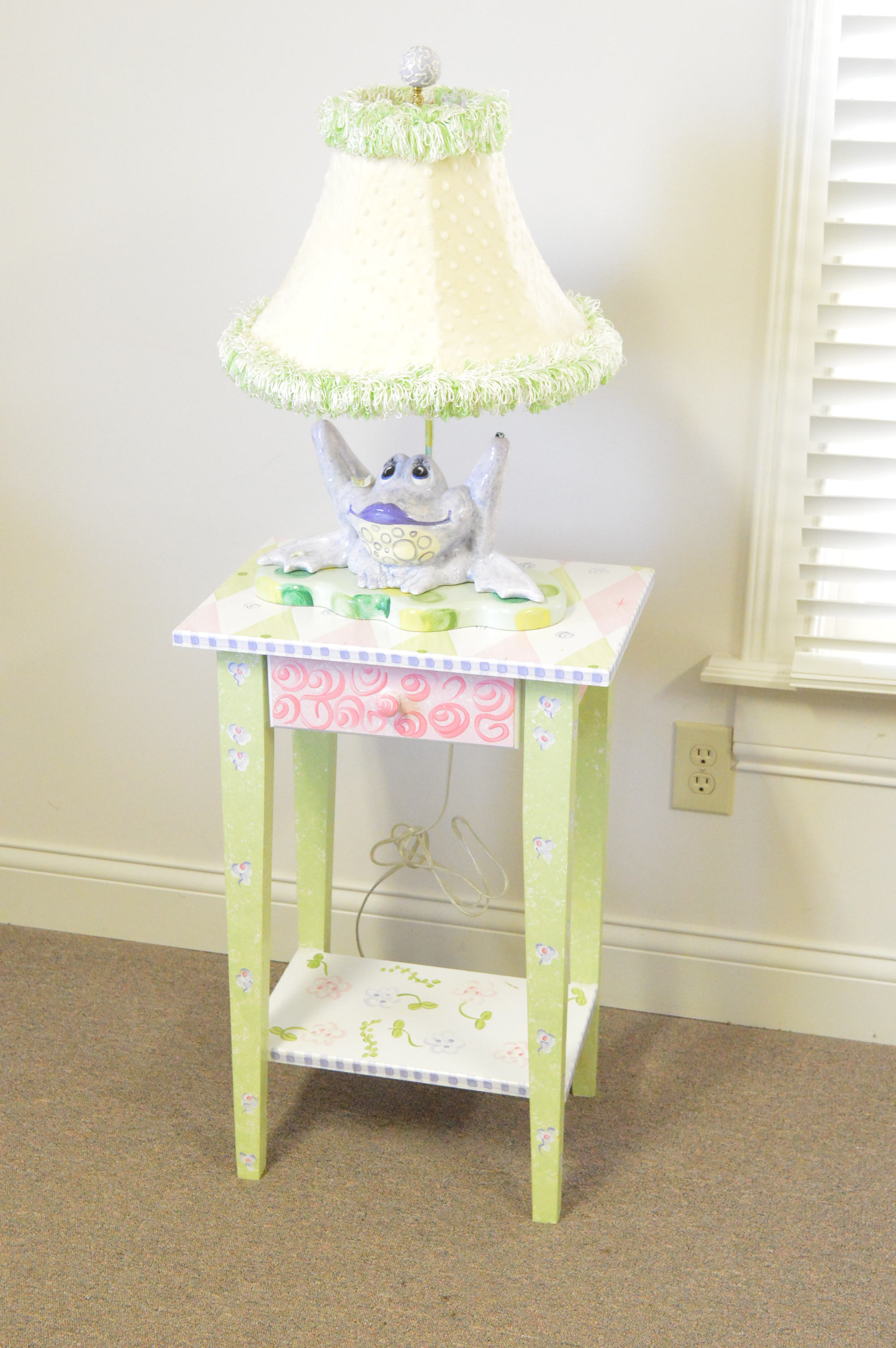 Hand-Painted Whimsical Accent Table with Ceramic Frog Lamp