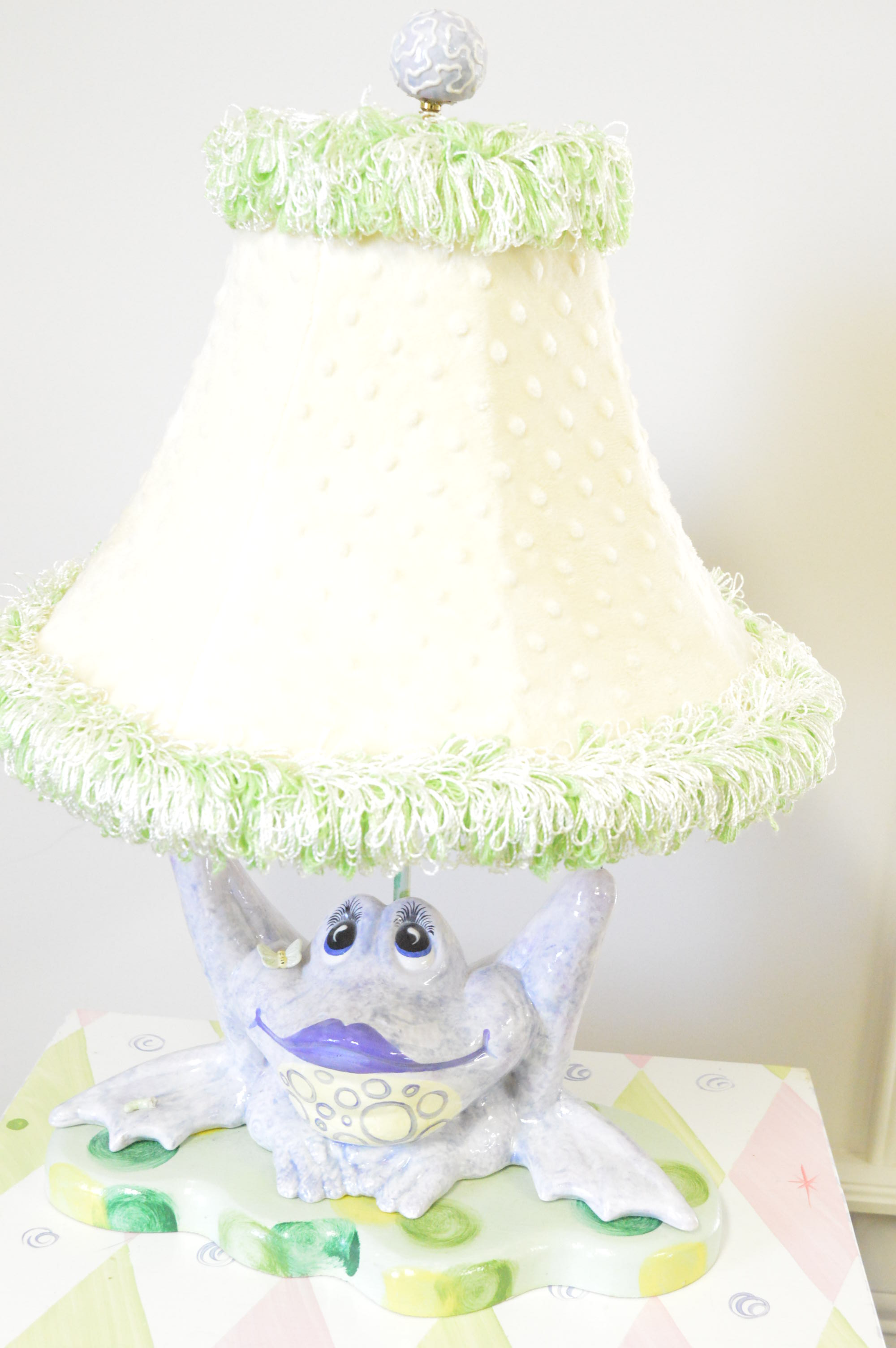 Hand-Painted Whimsical Accent Table with Ceramic Frog Lamp