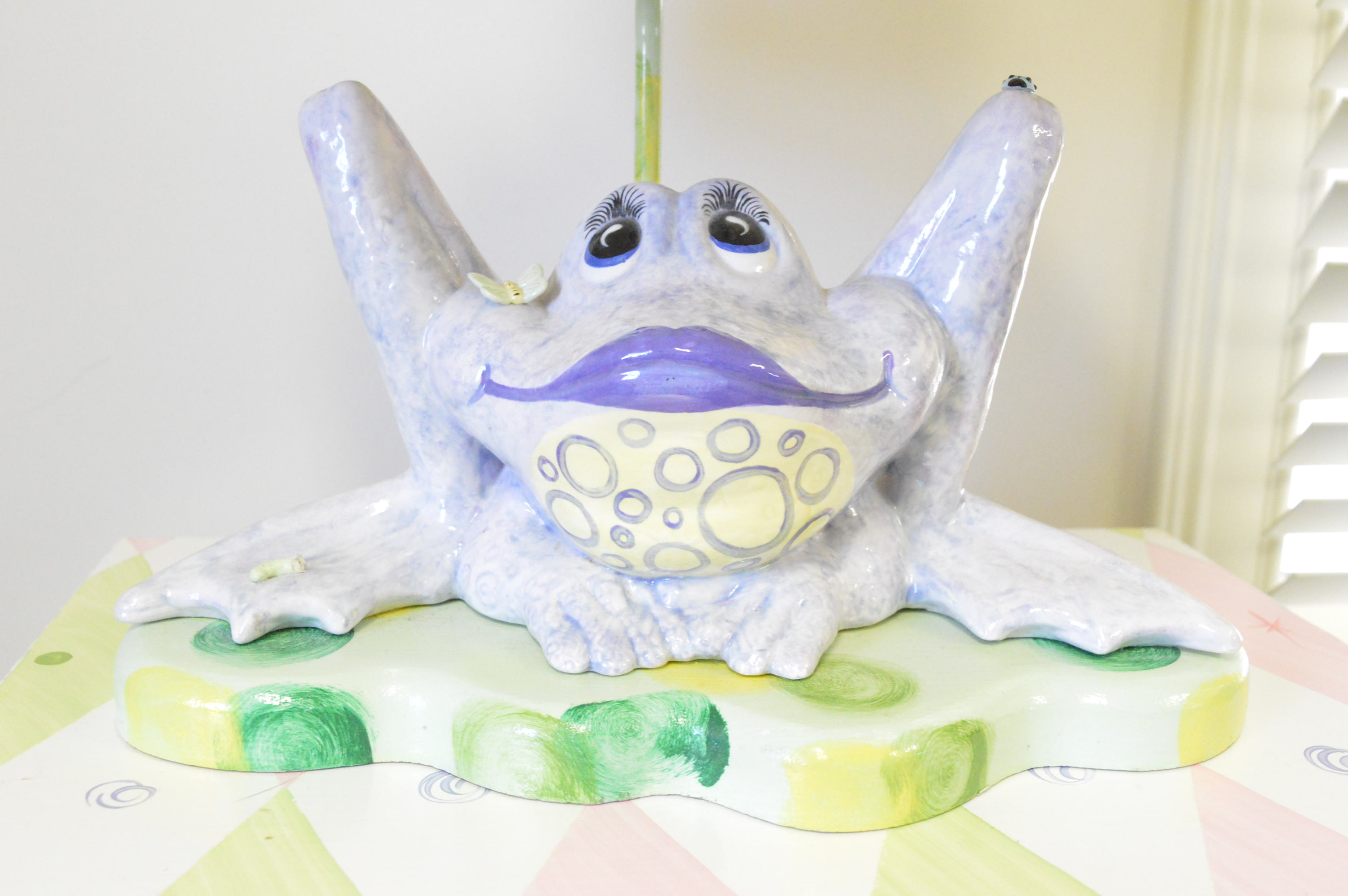 Hand-Painted Whimsical Accent Table with Ceramic Frog Lamp