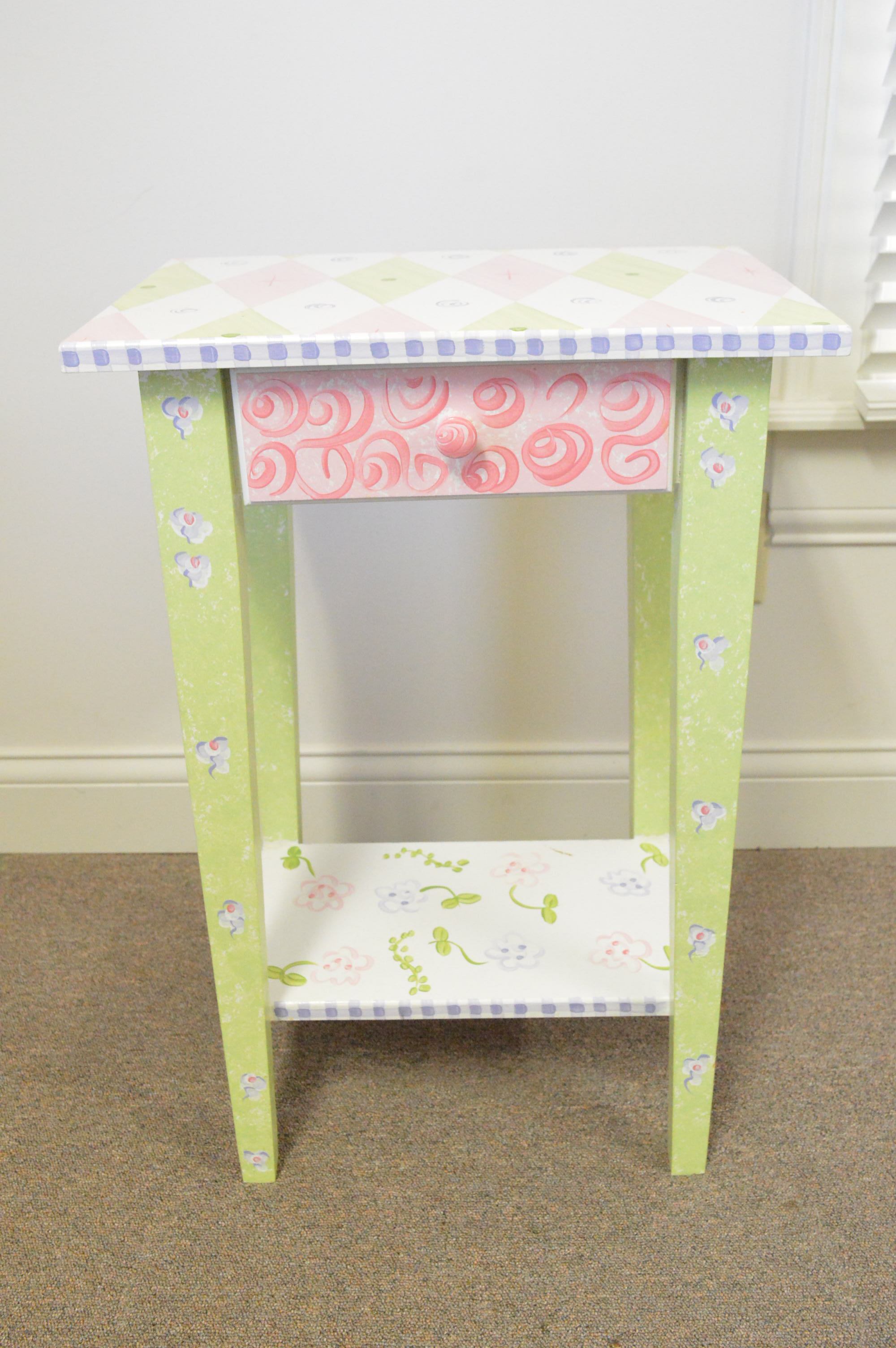 Hand-Painted Whimsical Accent Table with Ceramic Frog Lamp