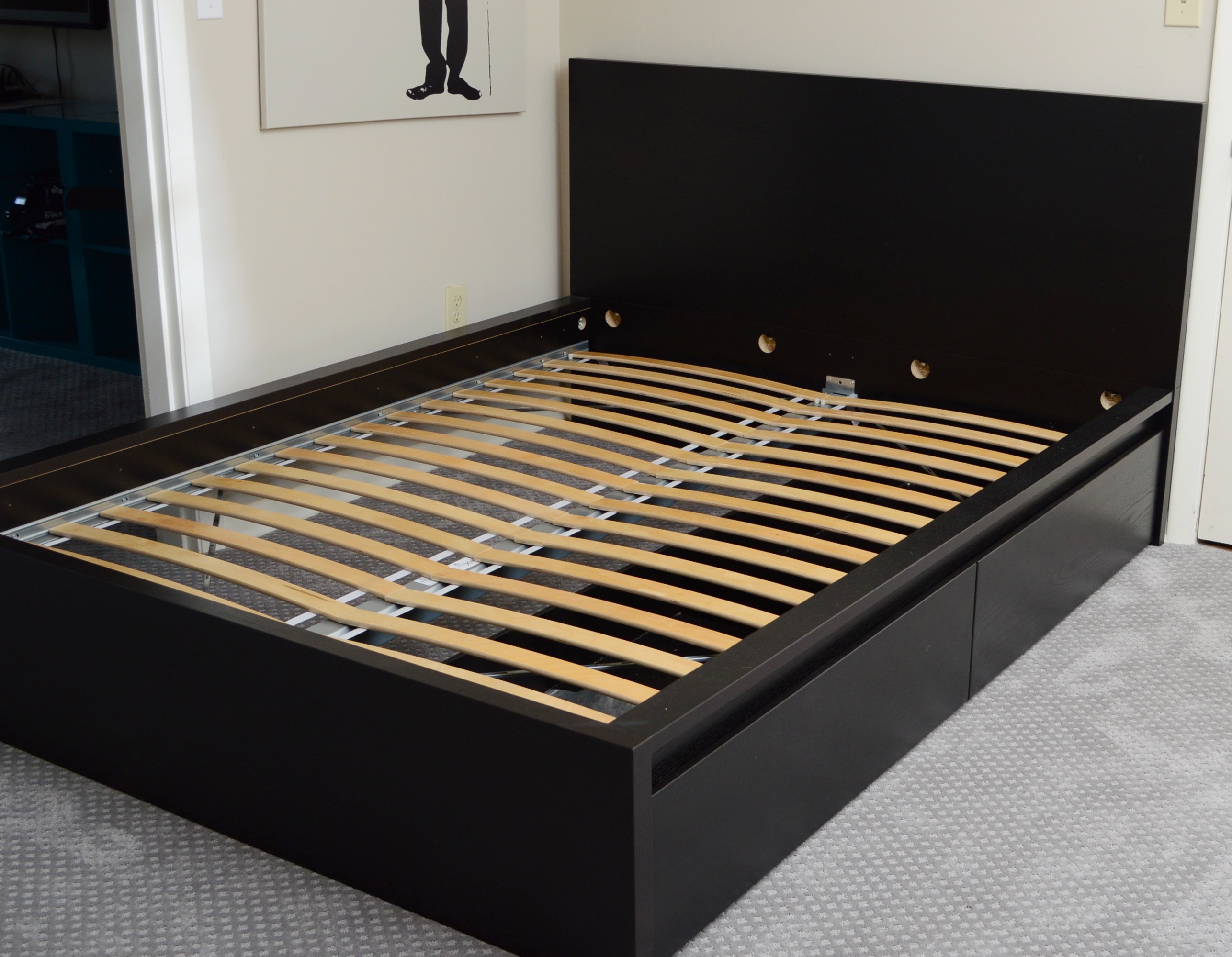 Ikea "Luroy" Queen Bed Frame with Storage and Bedding Ensemble