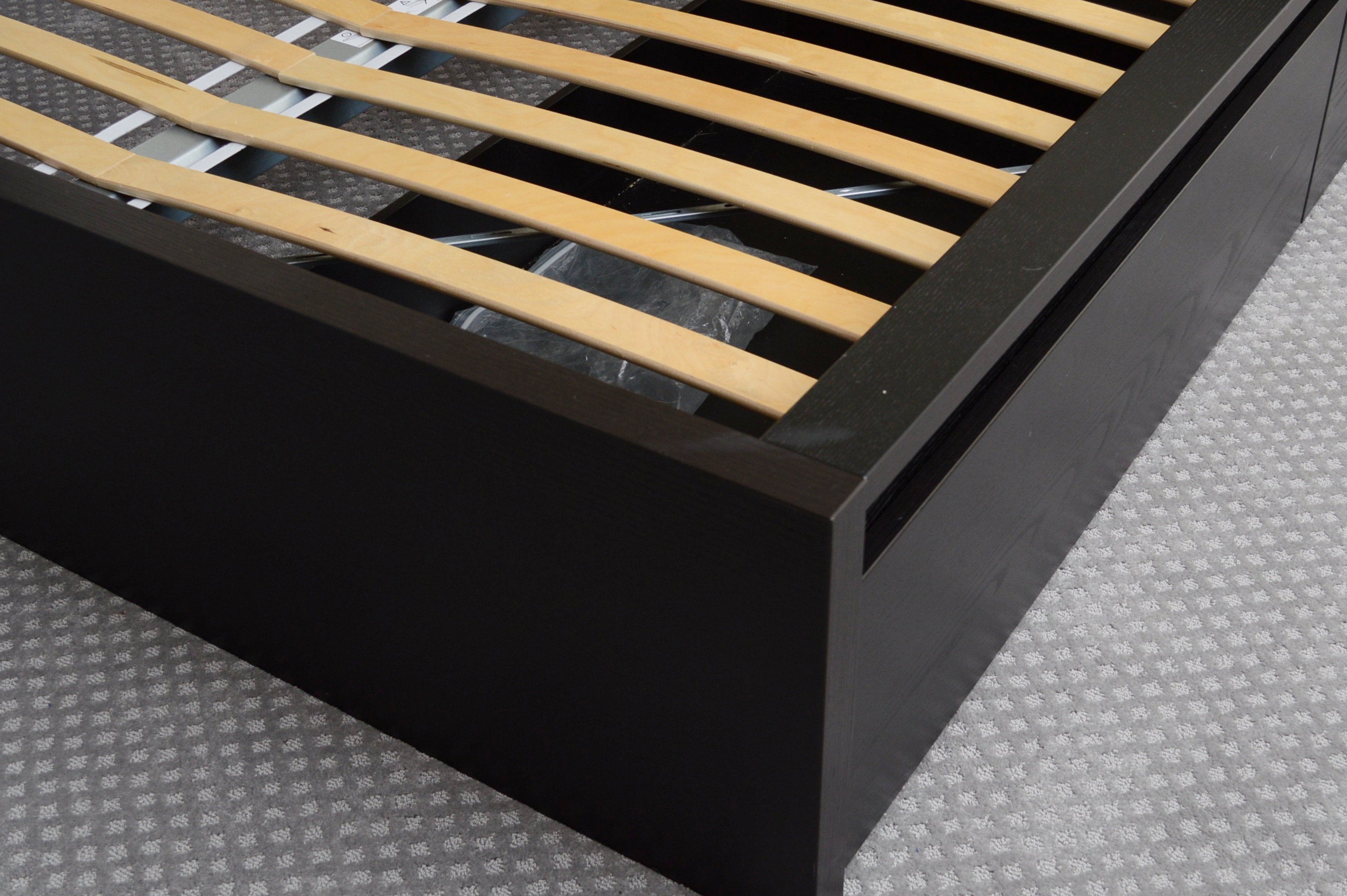 Ikea "Luroy" Queen Bed Frame with Storage and Bedding Ensemble