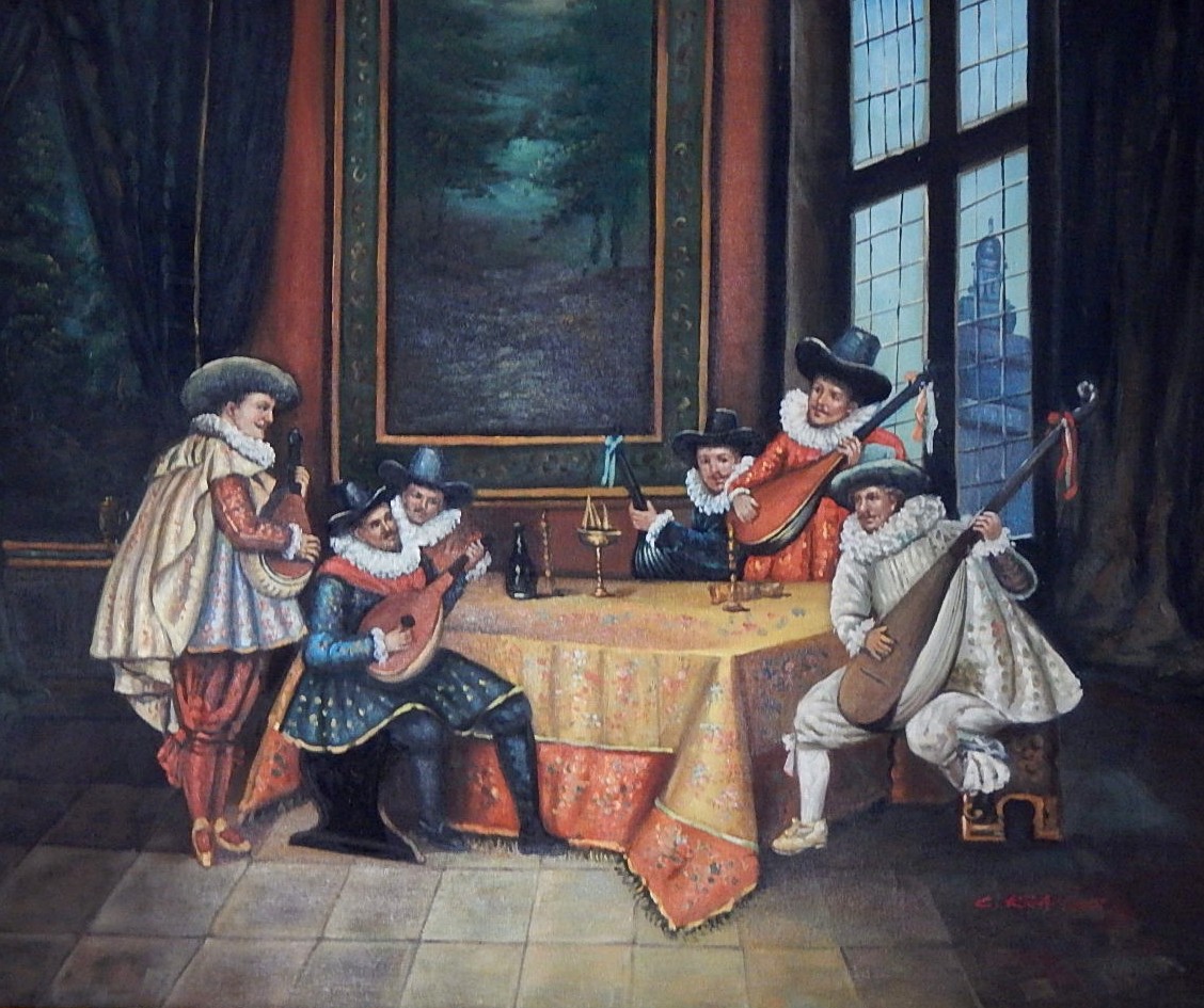 Elizabethan Musicians Original Oil on Canvas Signed C. Kramer