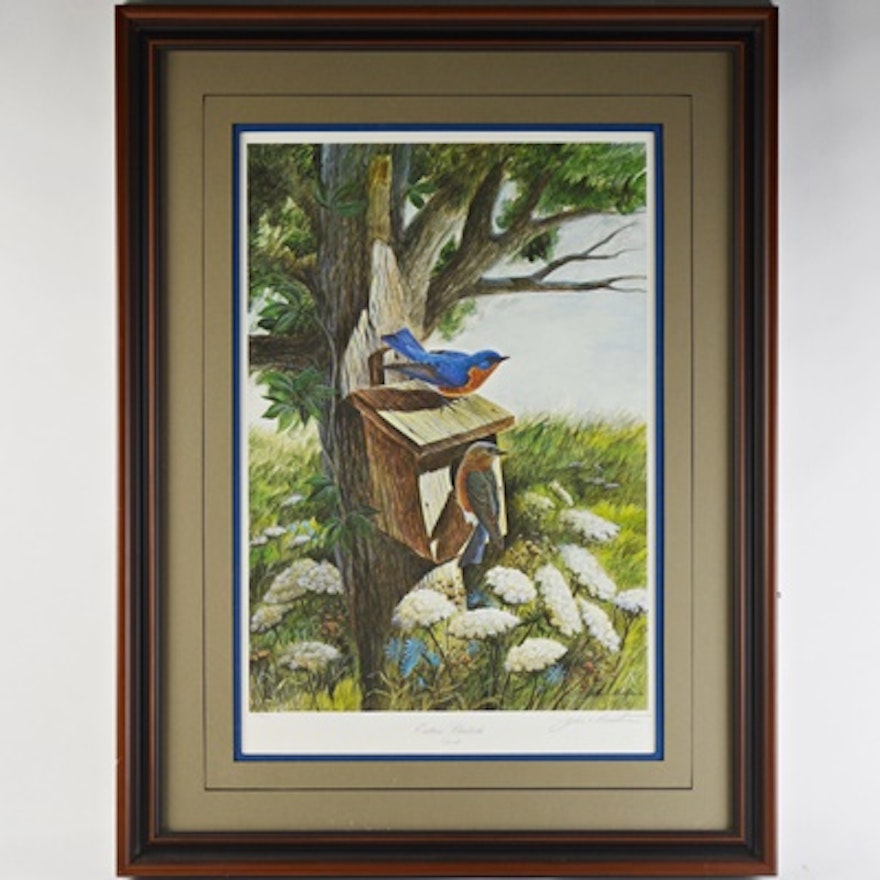 John Ruthven Limited Edition Offset Lithograph "Eastern Bluebirds"