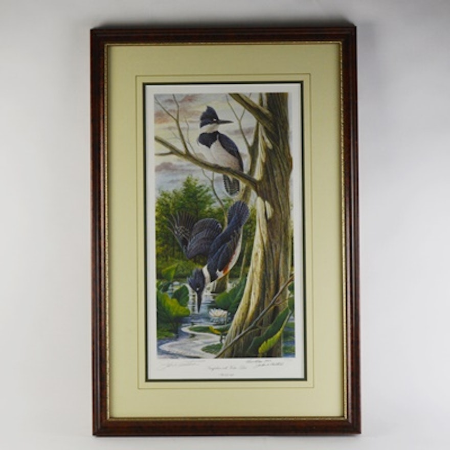 John Ruthven Limited Edition Offset Lithograph "Kingfishers With Water Lilies"