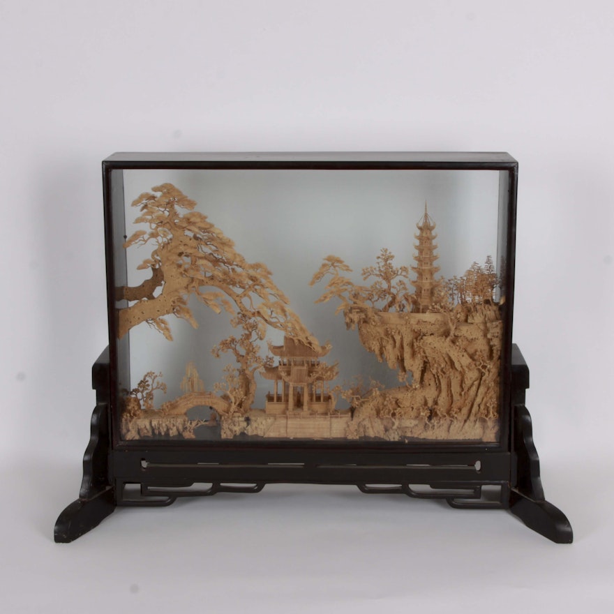 Chinese Carved Cork Glass Shadow Box