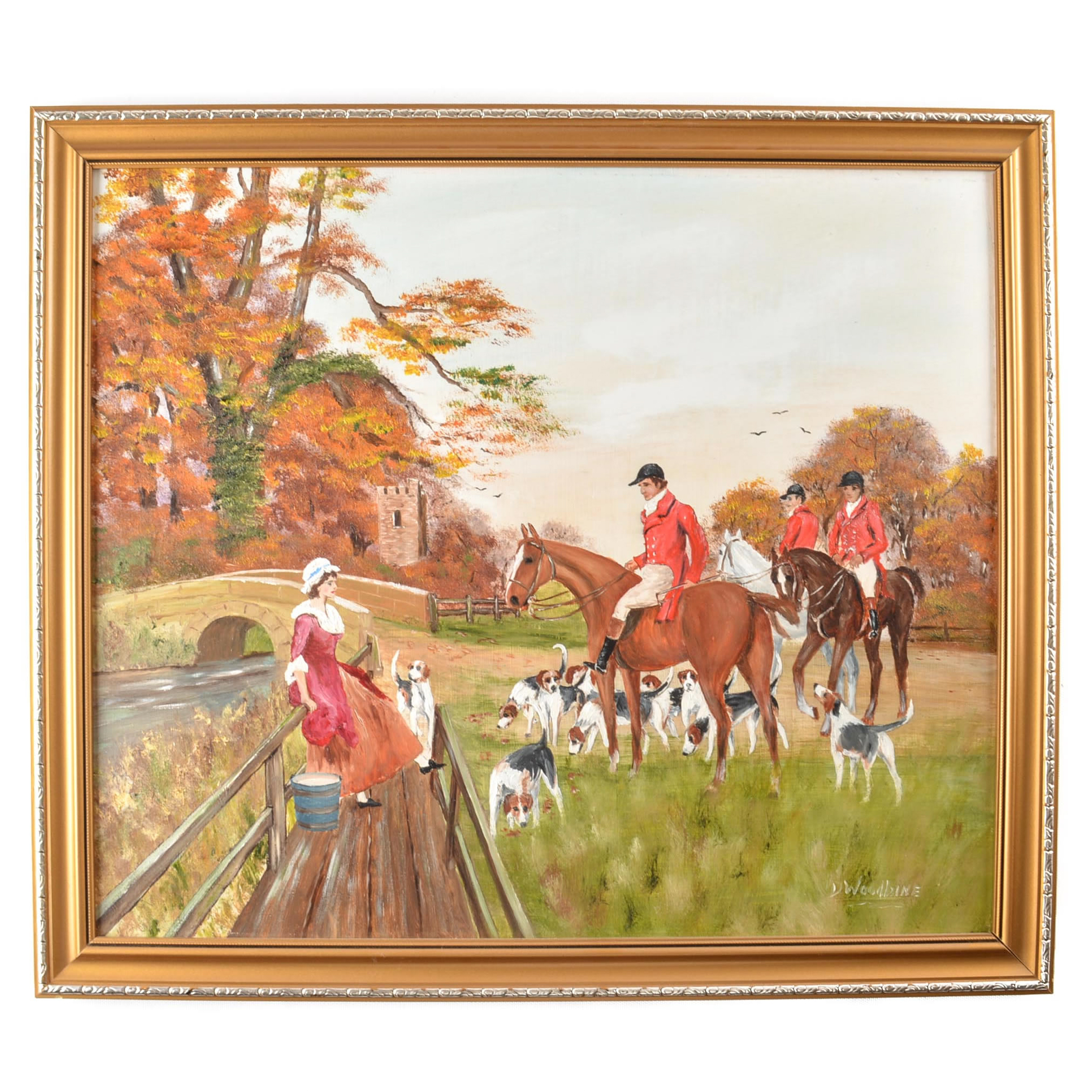 Vintage D. Woodbine Oil on Board Painting of a Foxhunt