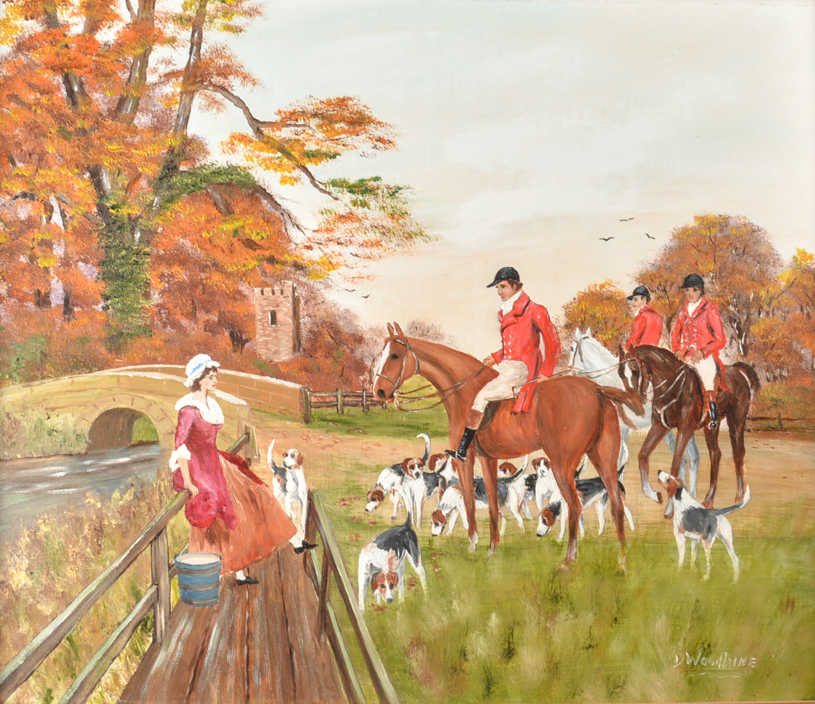 Vintage D. Woodbine Oil on Board Painting of a Foxhunt
