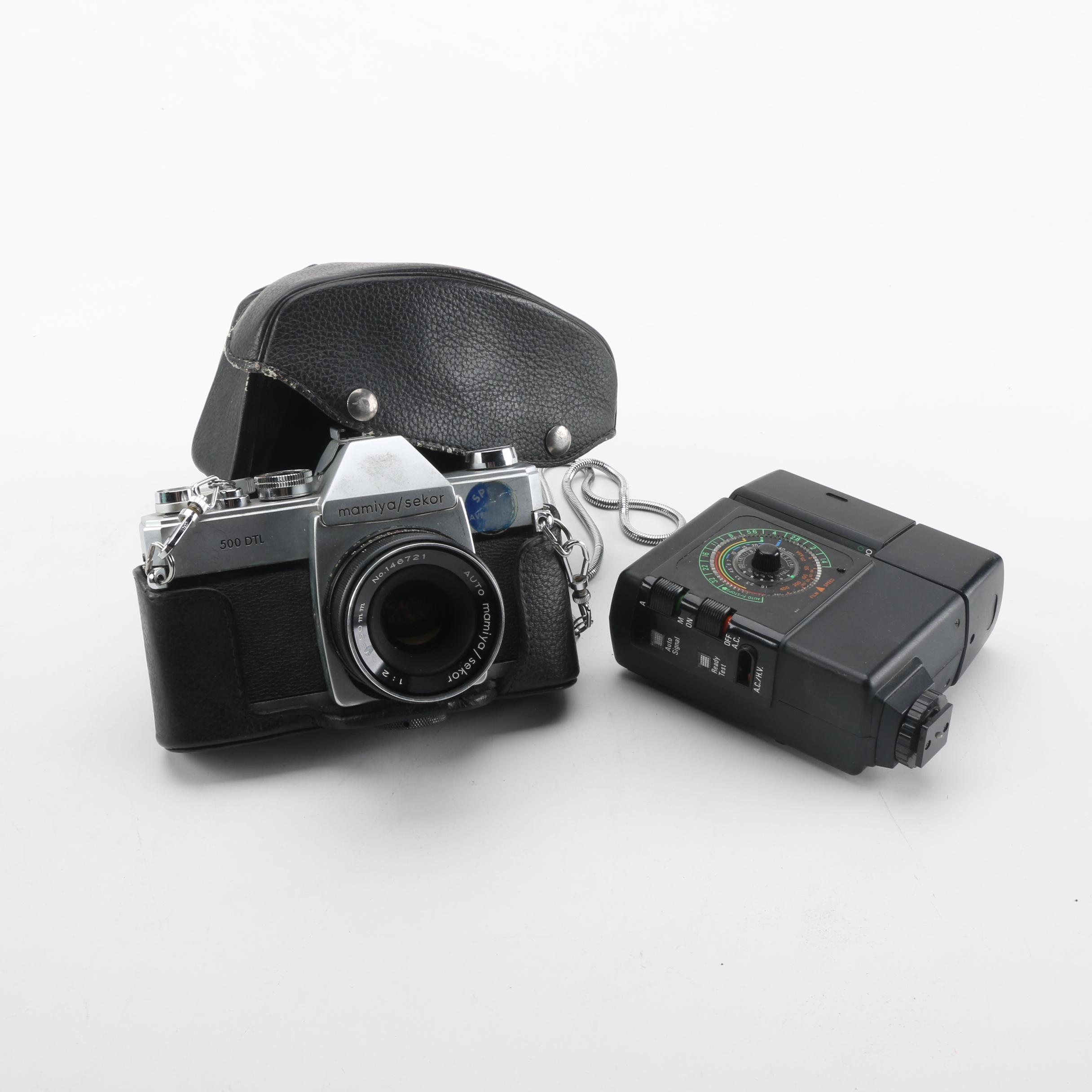 Mamiya/Sekor 500 DTL 35MM Film Camera with Sunpak 411 Thyristor Flash
