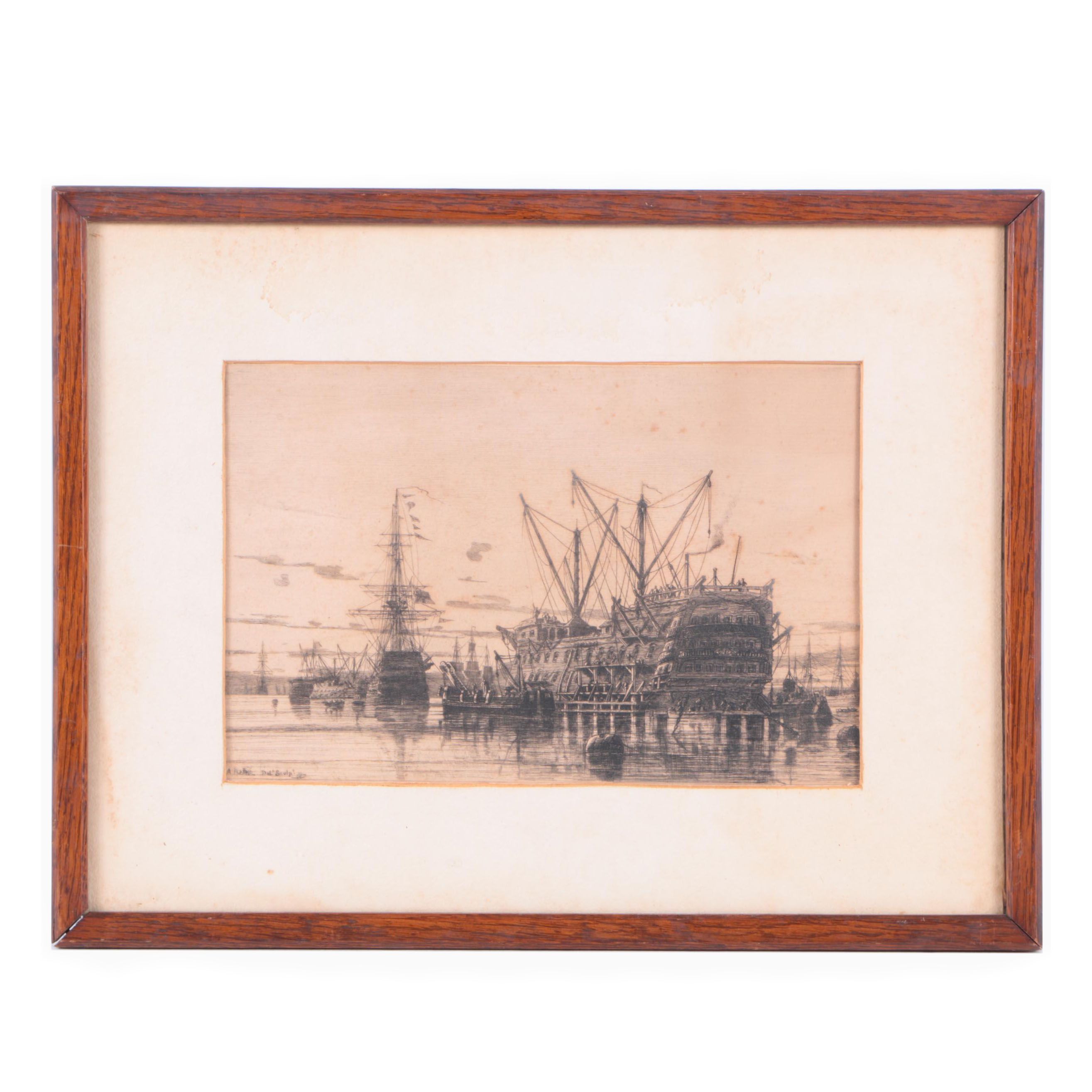 Etching of Ships Gathered in a Port
