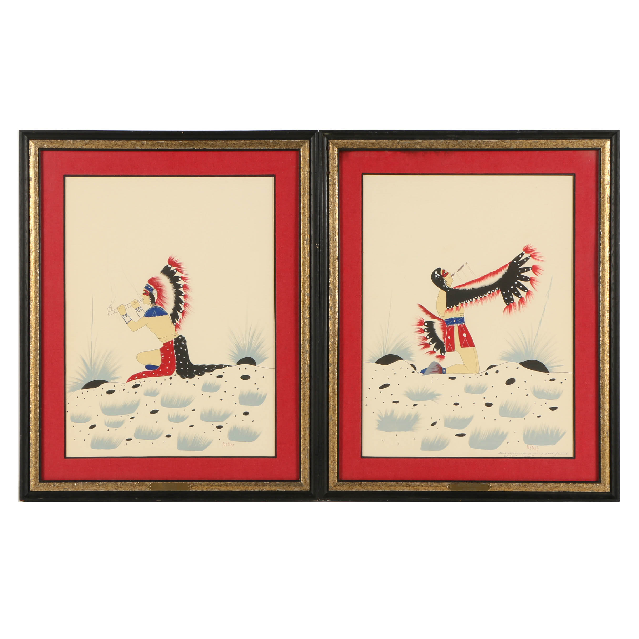 Pair of Jim Tartsah Watercolor on Paper of Native American Figurative Scenes