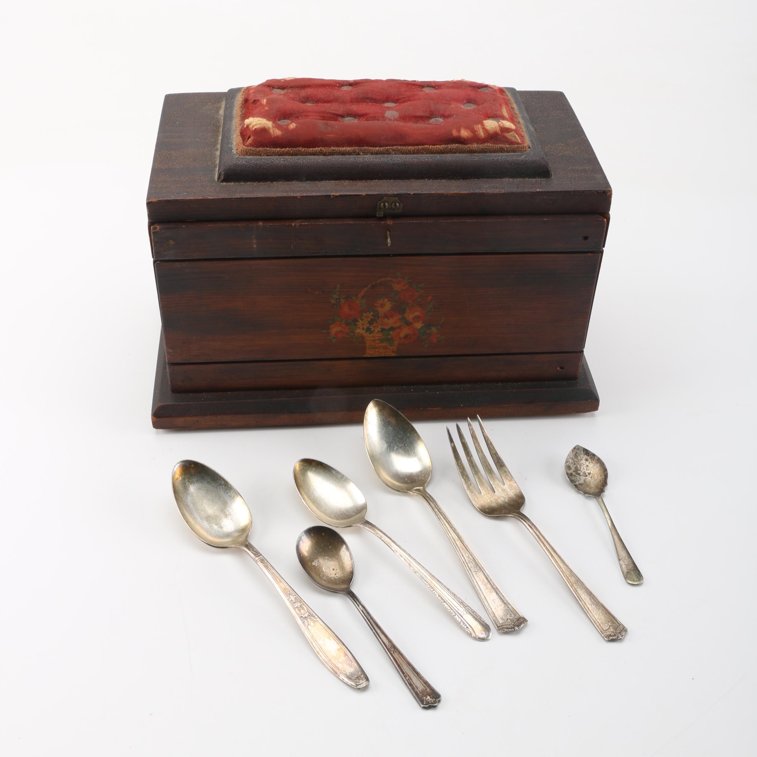 Rogers & Bros and Winfield Silver Plate Utensils and Wooden Storage Chest
