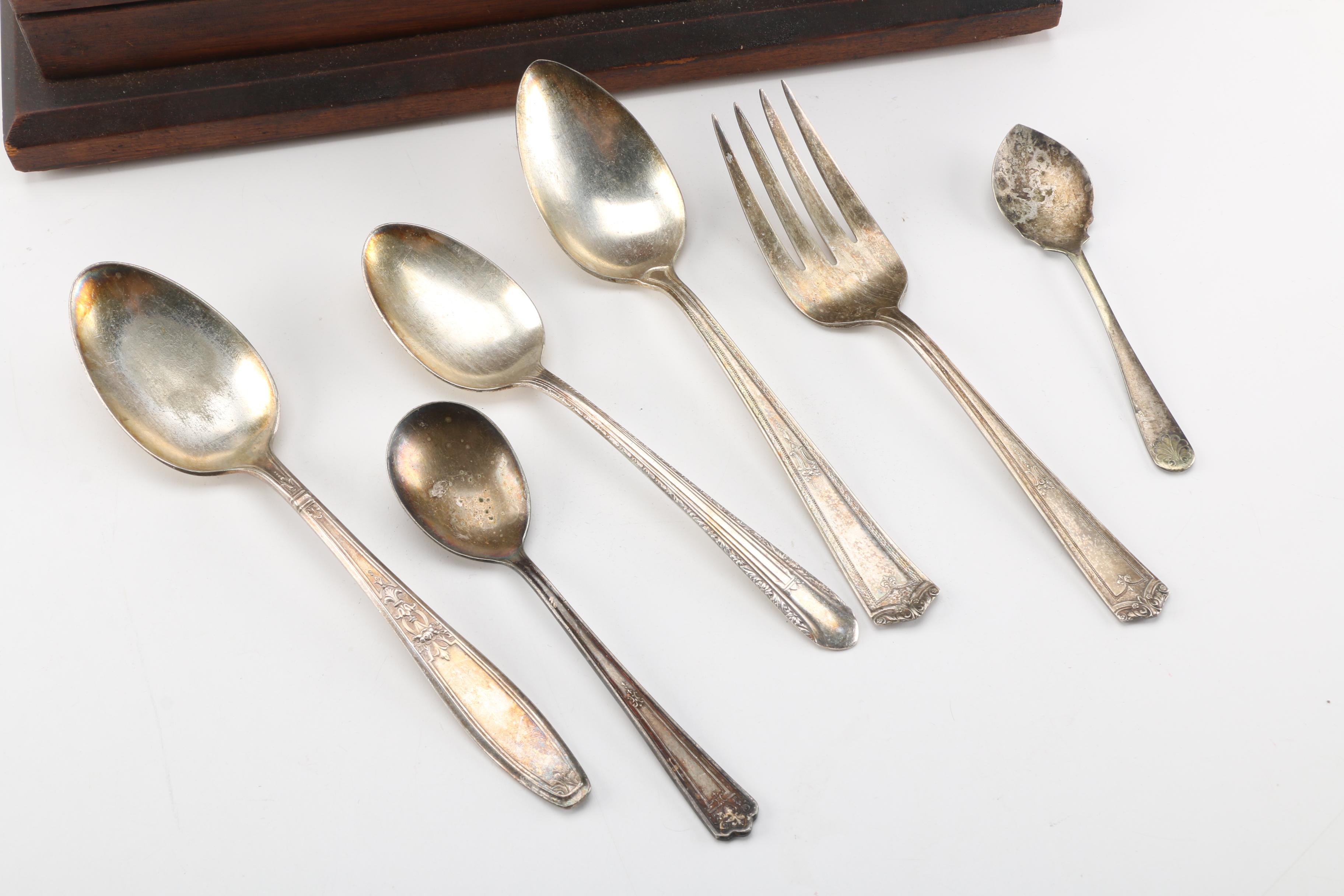 Rogers & Bros and Winfield Silver Plate Utensils and Wooden Storage Chest