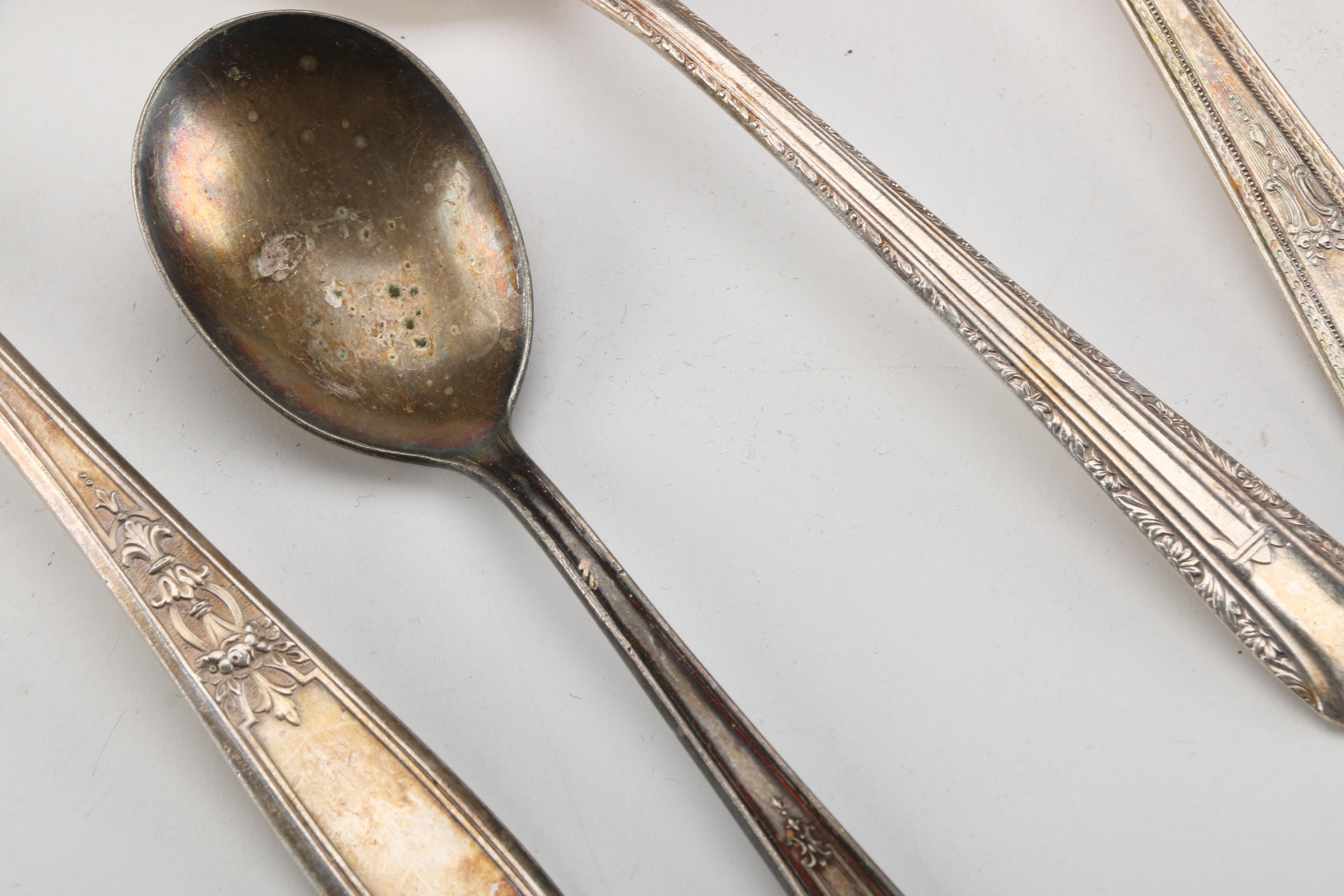 Rogers & Bros and Winfield Silver Plate Utensils and Wooden Storage Chest